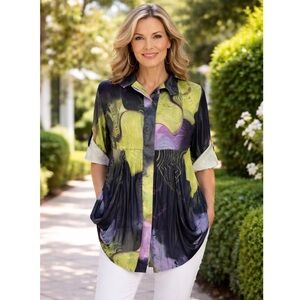 LINDI Women’s Size L Green Black Roll-Tab Sleeve Drape Tunic Blouse Art to Wear